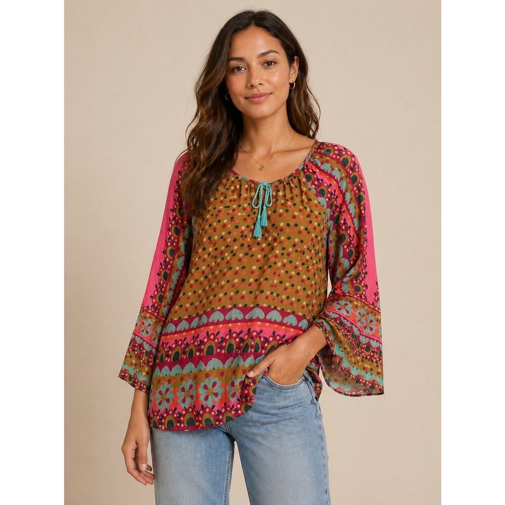 Natural Life Live Happy Polka Dot Floral Blouse Boho Hippie READ‎ Womens Small